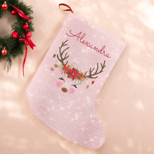 Rose Gold - Blush Pink Christmas Reindeer Monogram Small Christmas Stocking