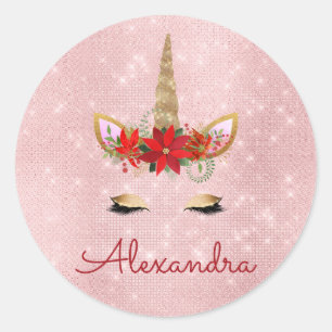 Rose Gold - Blush Pink Christmas Unicorn Monogram Classic Round Sticker