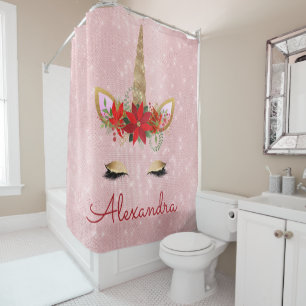 Rose Gold - Blush Pink Christmas Unicorn Monogram Shower Curtain