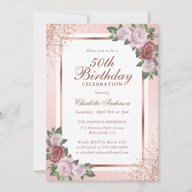 Rose Gold Blush Pink Confetti Floral 50th Birthday Invitation (Front)