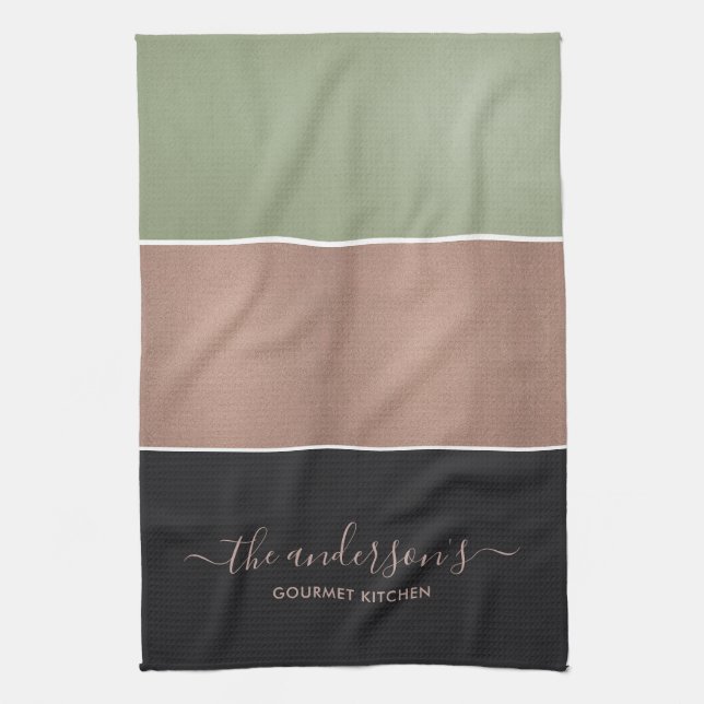 ROSE GOLD BLUSH PINK COPPER GREEN BLACK STRIPS TEA TOWEL (Vertical)