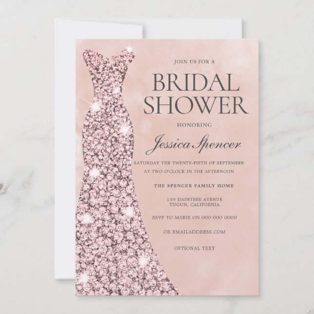 Rose Gold & Blush Pink Dress Gown Bridal Shower Invitation (Front)