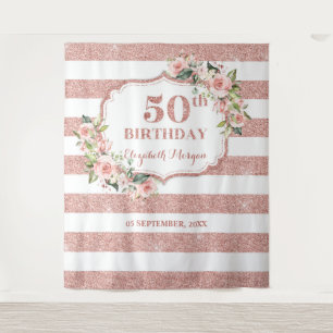 Rose gold blush pink floral 50th birthday backdrop tapestry