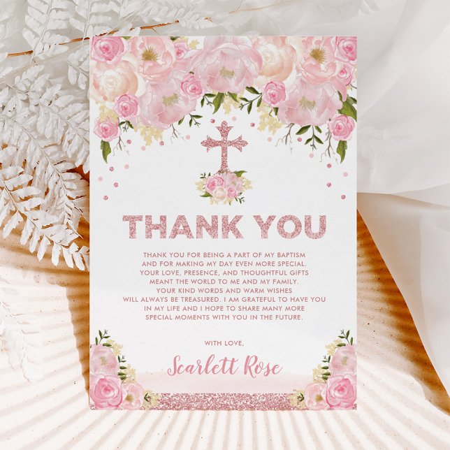 Rose Gold Blush Pink Floral Baptism Thank You Card (Creator Uploaded)