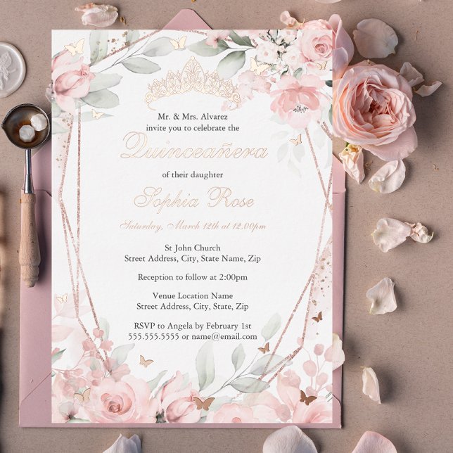 Rose Gold Blush Pink Floral Butterfly Quinceanera  (Creator Uploaded)