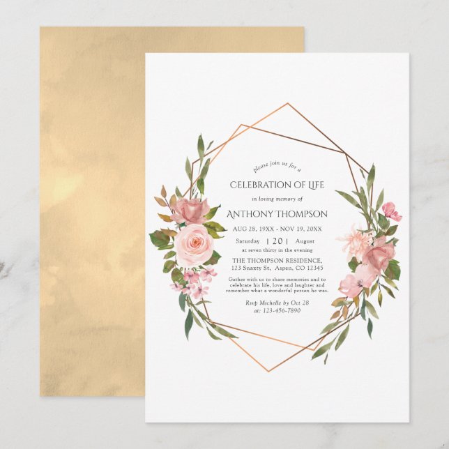 Rose Gold & Blush Pink Floral Celebration of Life Invitation (Front/Back)