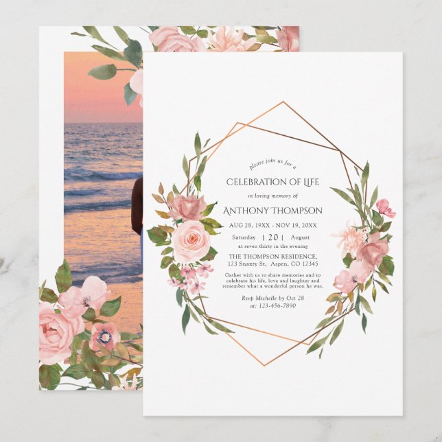 Rose Gold & Blush Pink Floral Celebration of Life  Invitation (Front/Back)