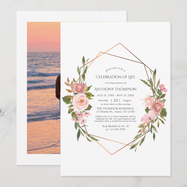 Rose Gold & Blush Pink Floral Celebration of Life  Invitation (Front/Back)