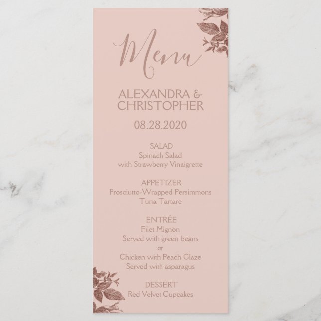 Rose Gold Blush Pink Floral Elegant Wedding Menu (Front)