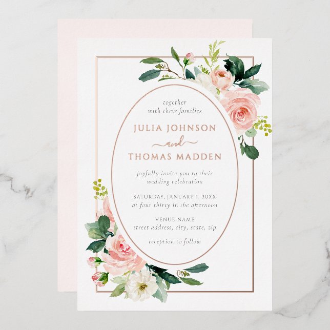 Rose Gold Blush Pink Floral Frame Wedding  (Front/Back)