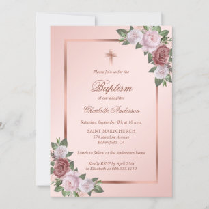 Rose Gold Blush Pink Floral Girl Baptism Invitation