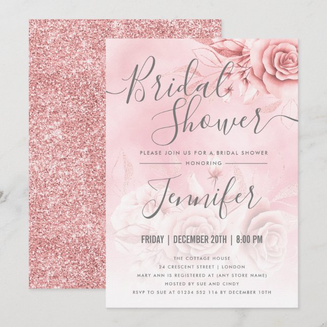 Rose Gold Blush Pink Floral Glitter Bridal Shower Invitation (Front/Back)