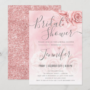 Rose Gold Blush Pink Floral Glitter Bridal Shower Invitation