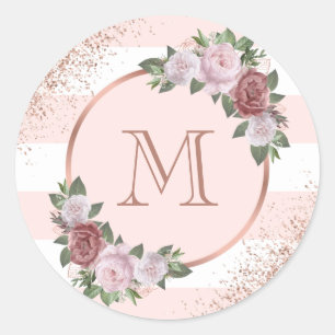 Rose Gold Blush Pink Floral Monogram Classic Round Sticker