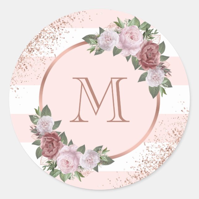Rose Gold Blush Pink Floral Monogram Classic Round Sticker (Front)