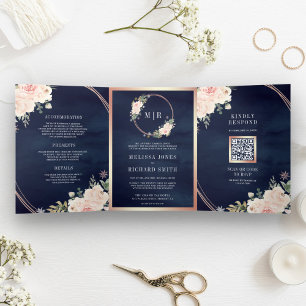 Rose Gold Blush Pink Floral QR Code Navy Wedding Tri-Fold Invitation