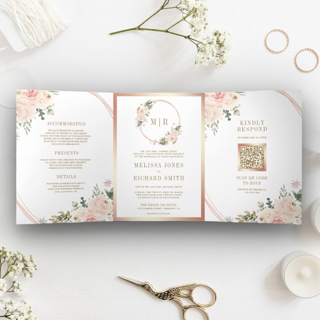 Rose Gold Blush Pink Floral QR Code Wedding Tri-Fold Invitation (Creator Uploaded)