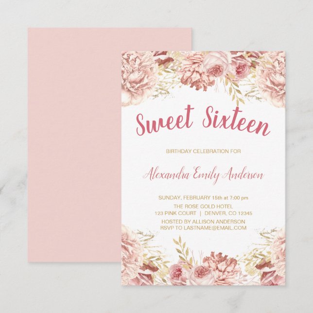 Rose Gold Blush Pink Floral Sweet Sixteen Birthday Invitation (Front/Back)