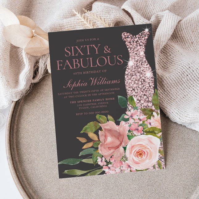 Rose Gold Blush Pink Flowers 60th Birthday Invitation (Creator Uploaded)