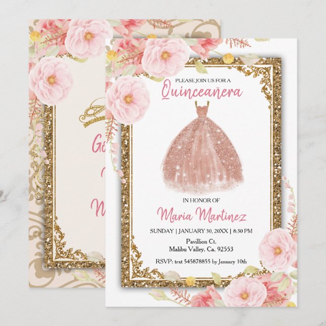 Rose Gold Blush Pink Flowers Quinceanera  Invitation (Front/Back)