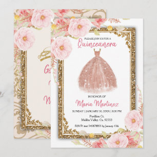 Rose Gold Blush Pink Flowers Quinceanera  Invitation