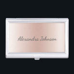 Rose Gold Blush Pink Foil Modern Elegant Business Card Holder<br><div class="desc">Blush Pink - Rose Gold Faux Foil Metallic Foil Stainless Steel Minimalist Business Card Holder with white lettered script signature typography for the monogram. The girly ombre modern and elegant chic luxury Rose Gold Foil Metal Business Card Holders can be customised with your name. Please contact the designer for customised...</div>