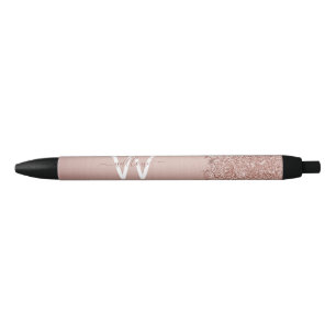 Rose Gold Blush Pink Girly Glitter Dust Monogram Black Ink Pen