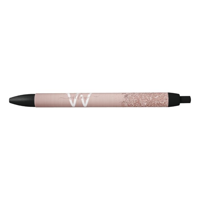 Rose Gold Blush Pink Girly Glitter Dust Monogram Black Ink Pen (Front)