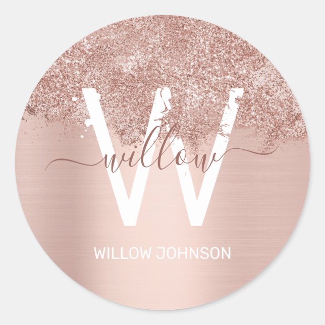 Rose Gold Blush Pink Girly Glitter Dust Monogram Classic Round Sticker (Front)