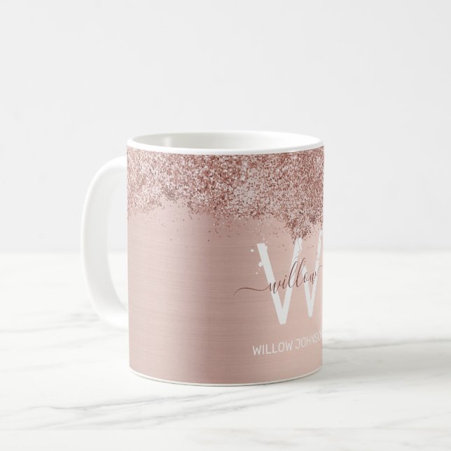 Rose Gold Blush Pink Girly Glitter Dust Monogram Coffee Mug (Front Left)
