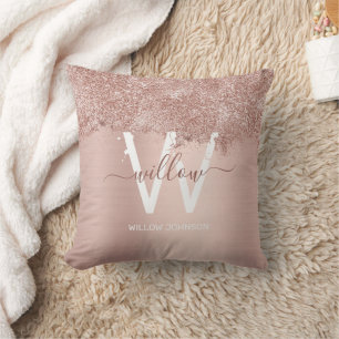 Rose Gold Blush Pink Girly Glitter Dust Monogram Cushion
