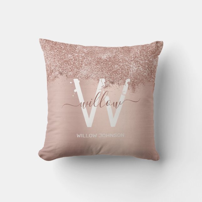 Rose Gold Blush Pink Girly Glitter Dust Monogram Cushion (Front)