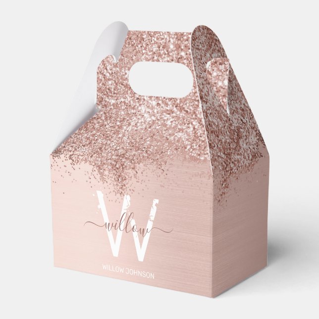 Rose Gold Blush Pink Girly Glitter Dust Monogram Favour Box (Front Side)