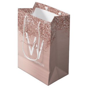 Rose Gold Blush Pink Girly Glitter Dust Monogram Medium Gift Bag