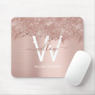 Rose Gold Blush Pink Girly Glitter Dust Monogram Mouse Mat