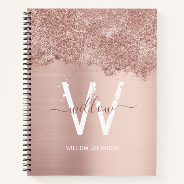 Rose Gold Blush Pink Girly Glitter Dust Monogram Notebook (Front)