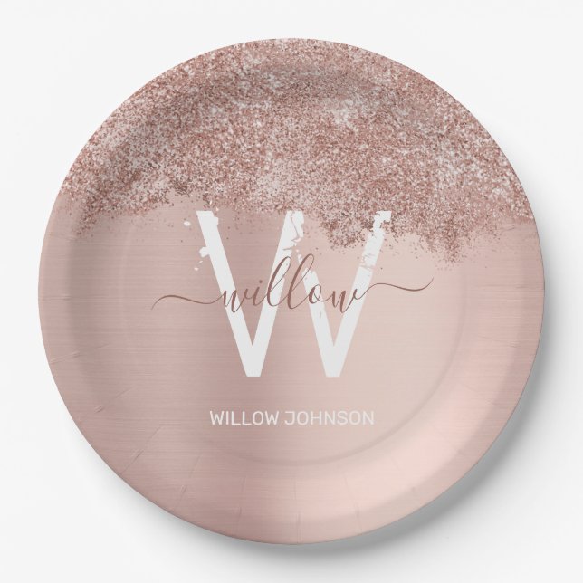 Rose Gold Blush Pink Girly Glitter Dust Monogram Paper Plate (Front)