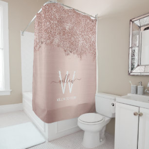Rose Gold Blush Pink Girly Glitter Dust Monogram Shower Curtain