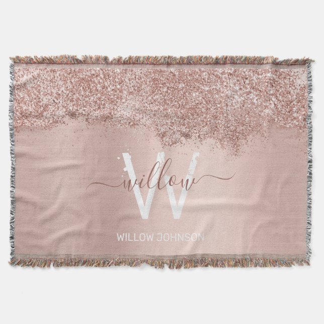 Rose Gold Blush Pink Girly Glitter Dust Monogram Throw Blanket (Front)