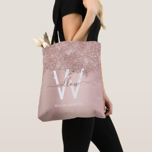 Rose Gold Blush Pink Girly Glitter Dust Monogram Tote Bag
