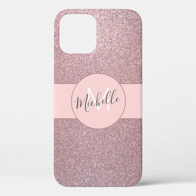 Rose Gold Blush Pink Girly Glitter Monogram Name Case-Mate iPhone Case (Back)