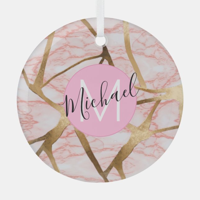 Rose Gold Blush Pink Girly Glitter Monogram Name  Glass Tree Decoration (Front)