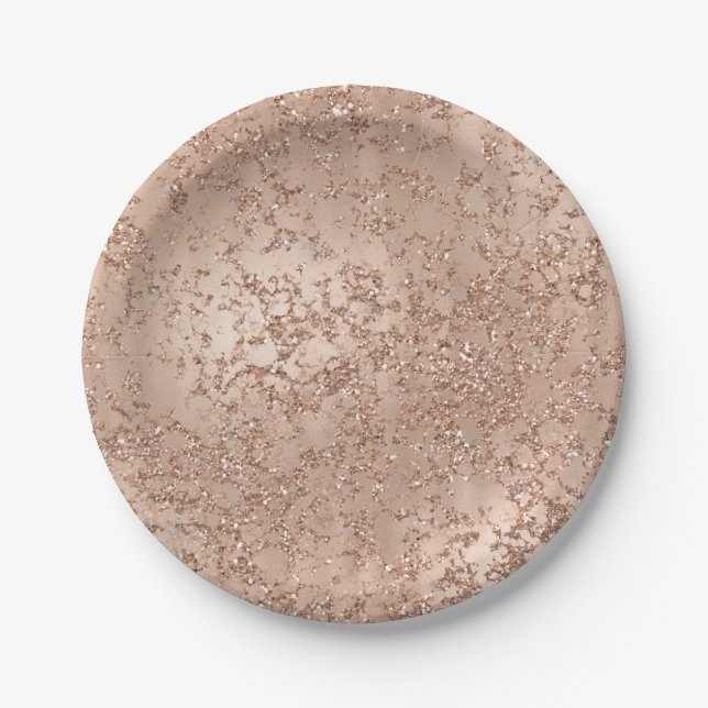 Rose Gold Blush Pink Glam Sparkle Crackle Chic Paper Plate (Front)
