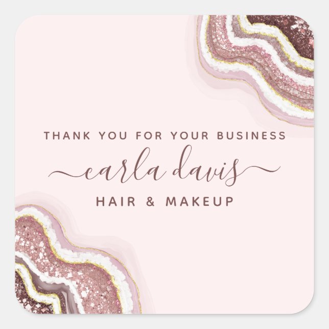 Rose Gold Blush Pink Glitter Agate Geode Business Square Sticker (Front)