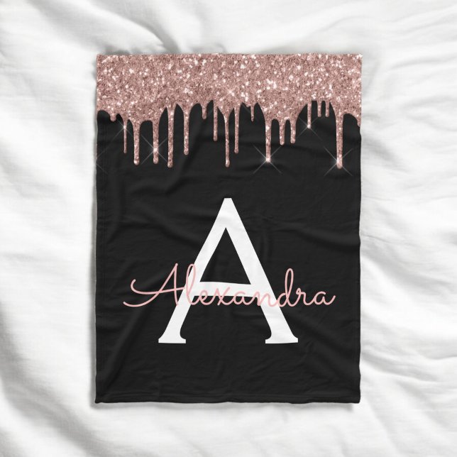 Rose Gold - Blush Pink Glitter Black Monogram Fleece Blanket (Creator Uploaded)