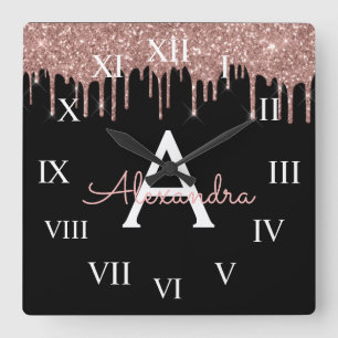 Rose Gold - Blush Pink Glitter Black Monogram Square Wall Clock
