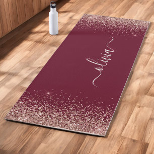 Rose Gold Blush Pink Glitter Burgundy Monogram Yoga Mat