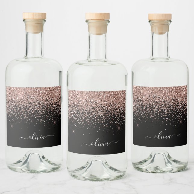 Rose Gold Blush Pink Glitter Chic Monogram Name Liquor Bottle Label (Bottles)