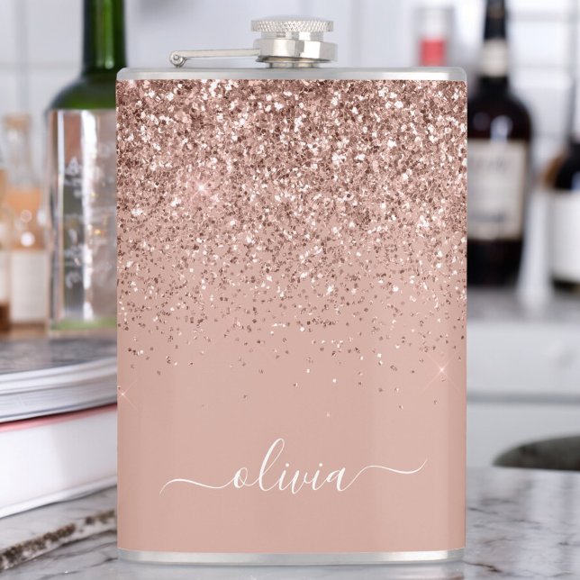 Rose Gold Blush Pink Glitter Custom Monogram Name Hip Flask (Creator Uploaded)