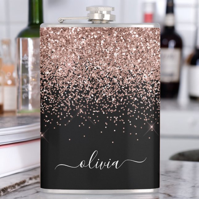 Rose Gold Blush Pink Glitter Custom Monogram Name Hip Flask (Creator Uploaded)